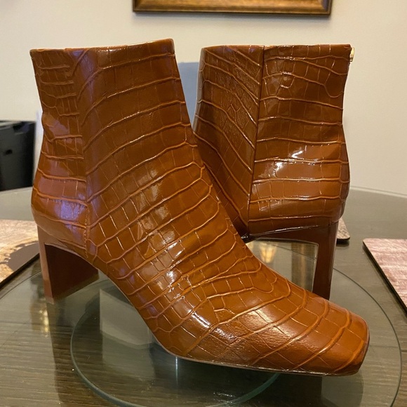 Sam Edelman Brown Croc-Embossed Ankle Boots - Picture 2 of 5